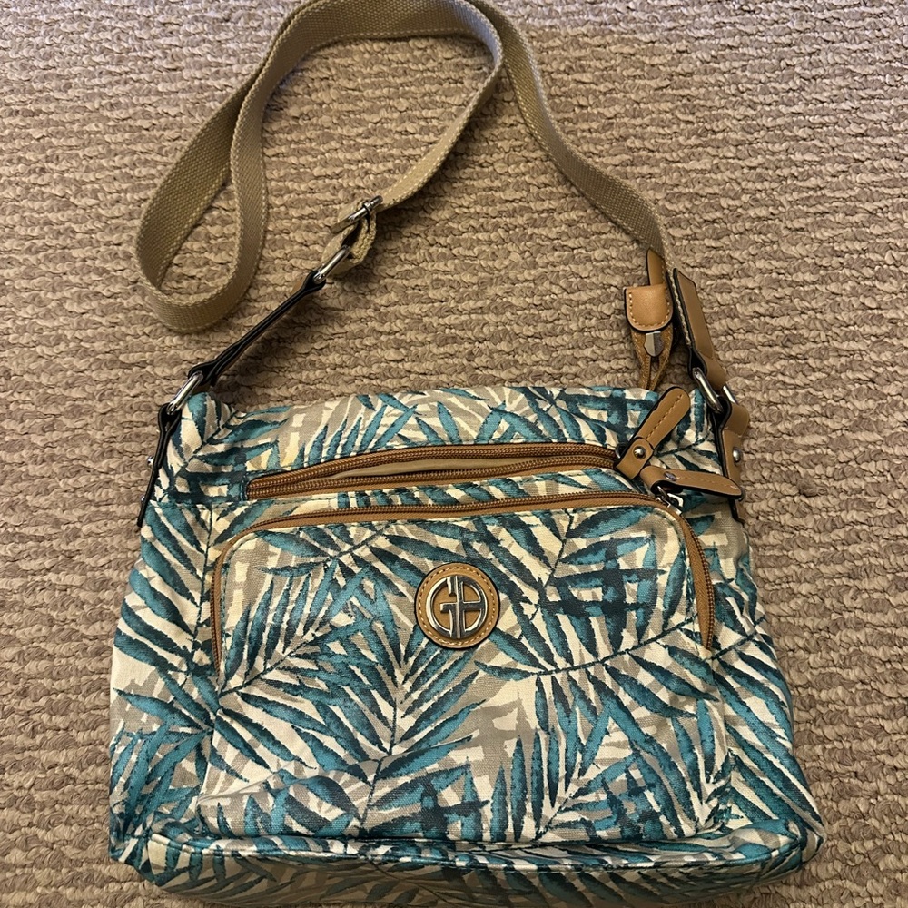 Green/Teal Tropical Leaf Crossbody Bag with Tan Trim